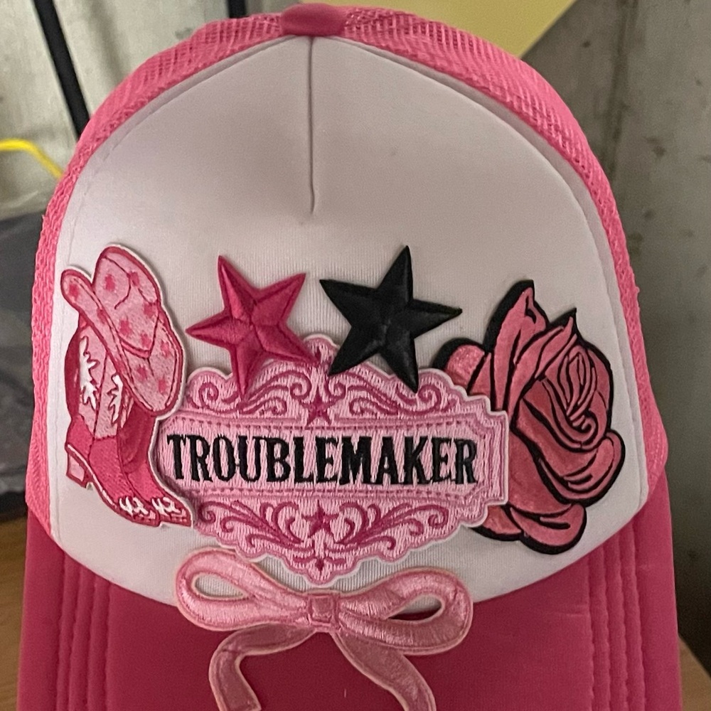 Women’s Custom Made Pink 'Troublemaker' Embroidered Trucker Hat